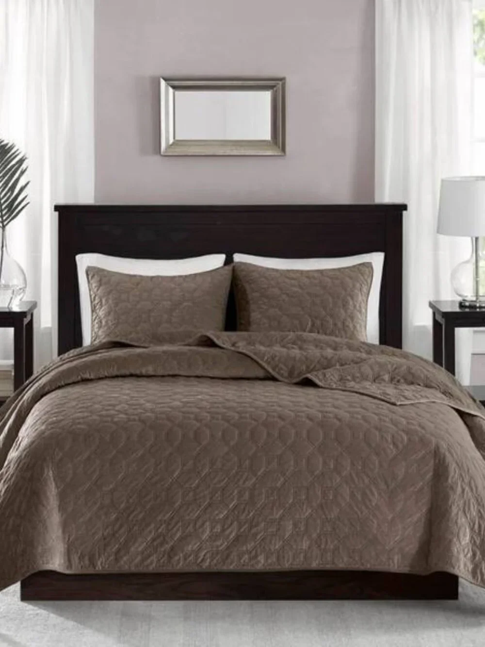 Madison Clark 3 PC Quilt Set, Emery Velvet, Taupe, NWT
